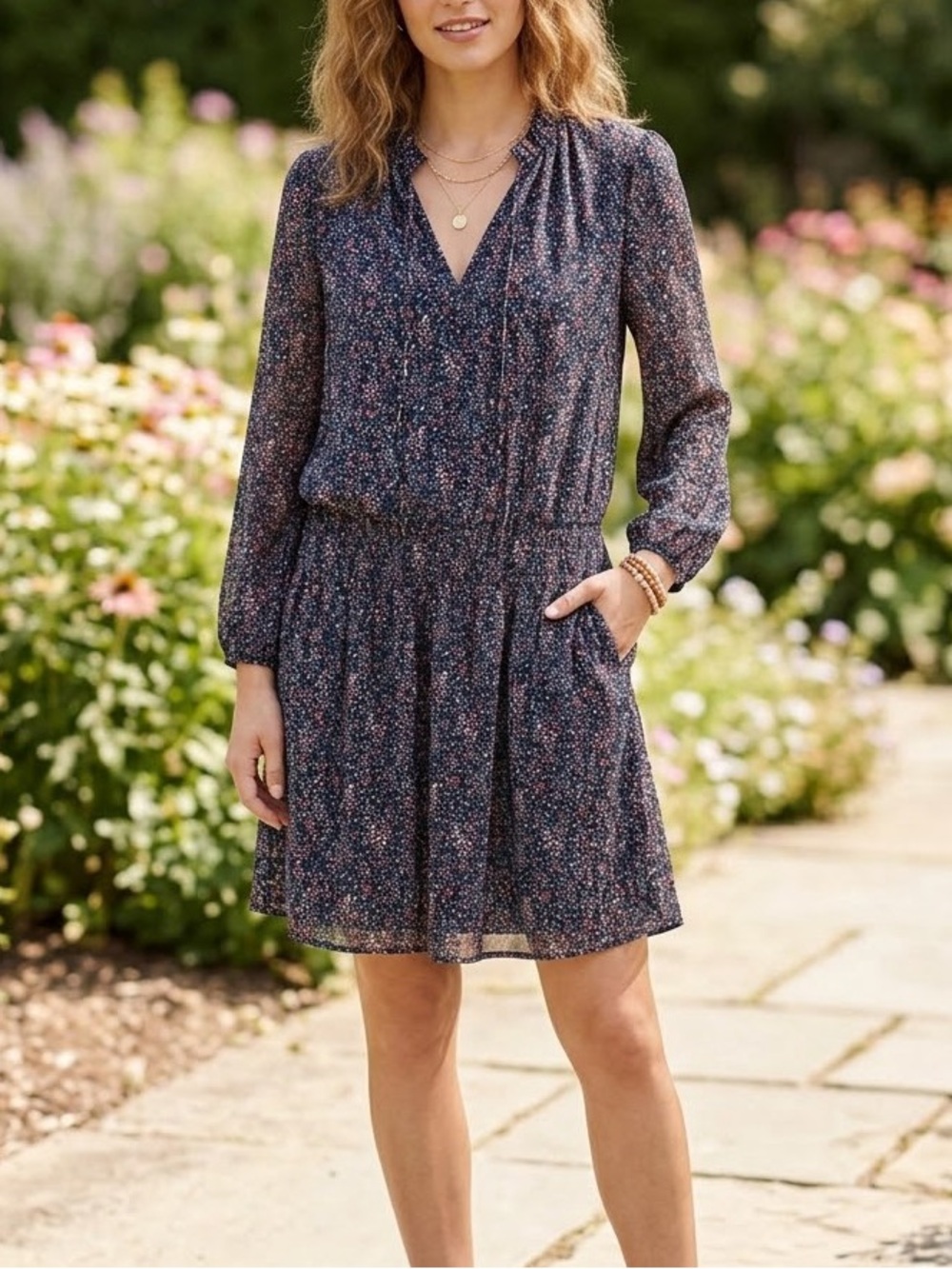 J.Crew Mercantile Floral Ruffle Neck Drop Waist Dress M Navy Ditsy Long Sleeve